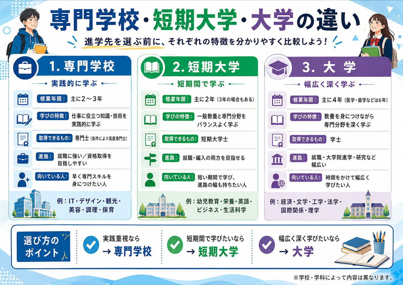 専門学校、短期大学、大学の違い